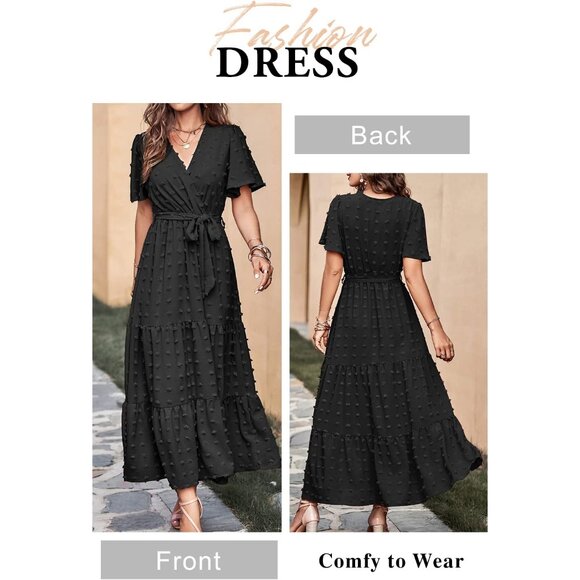 Women’s Swiss Dot Maxi Dress Flowy V Neck Short Sleeve Boho Casual - Picture 5 of 9